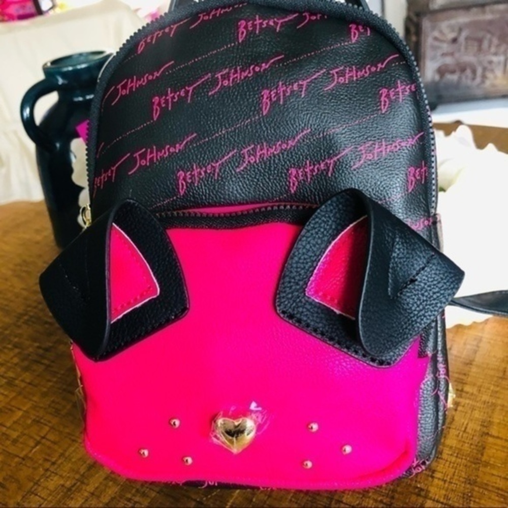 Betsey Johnson Puppy Face Mini Backpack Pink Black 3D Ears NWT